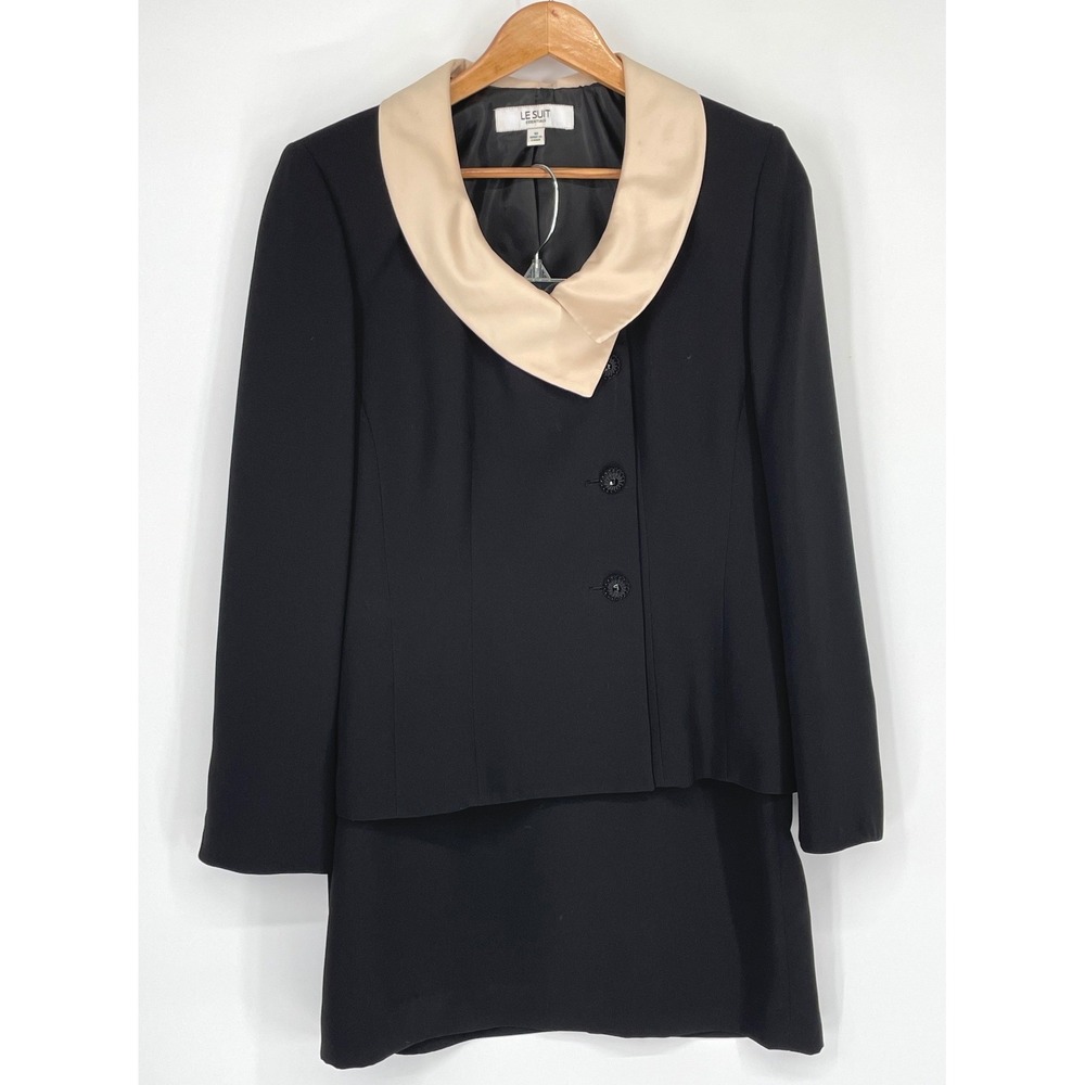 Le Suit Womens Skirt Suit 10 2 Piece Black Champagne Shawl Collar Blazer